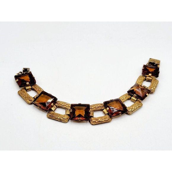 Wonderful Faceted Czech Glass & Floral Brass Link Bracelet (A119)